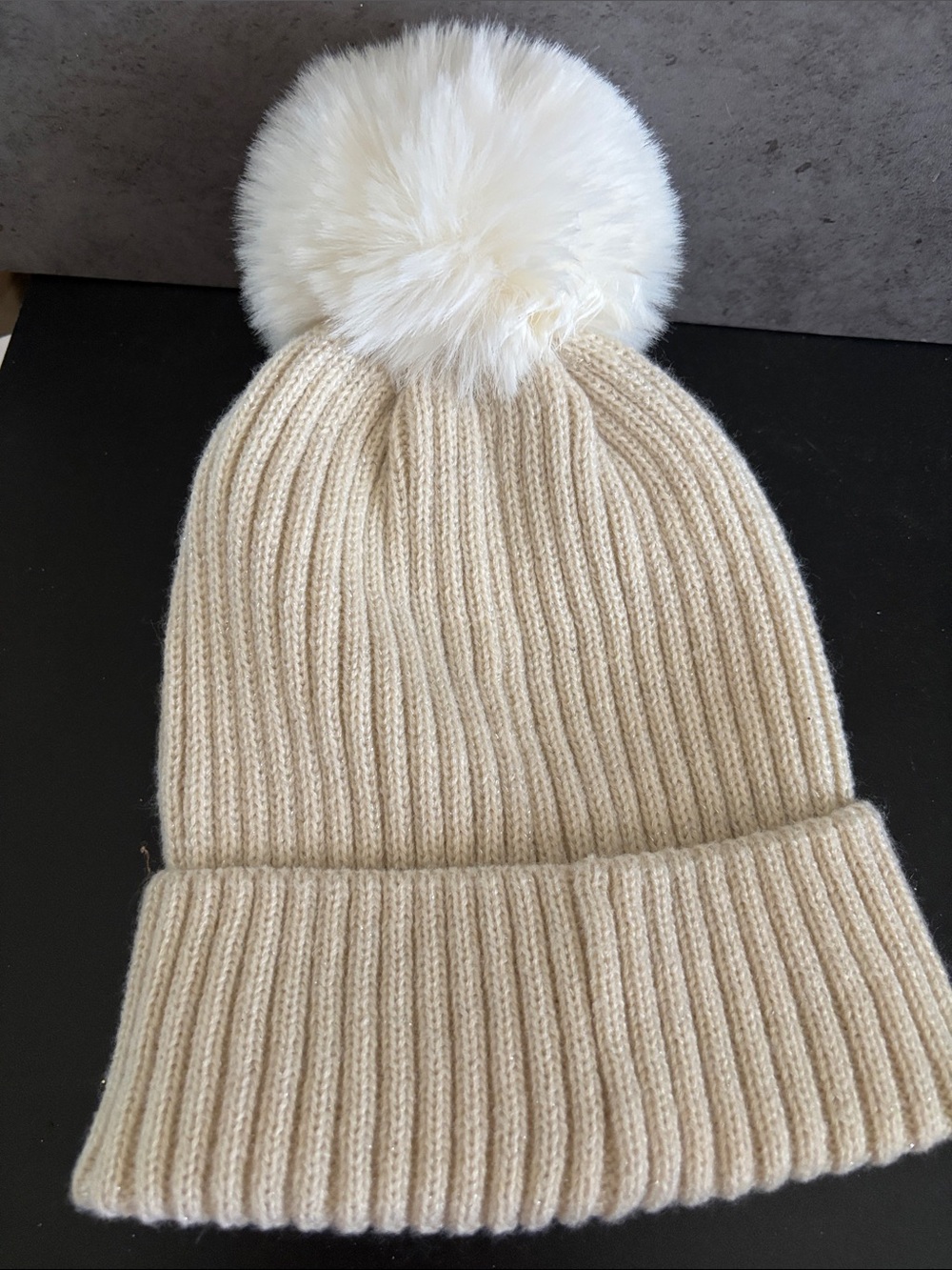 INC International Concepts Cream Ribbed Knit Hat with Faux Fur Pom